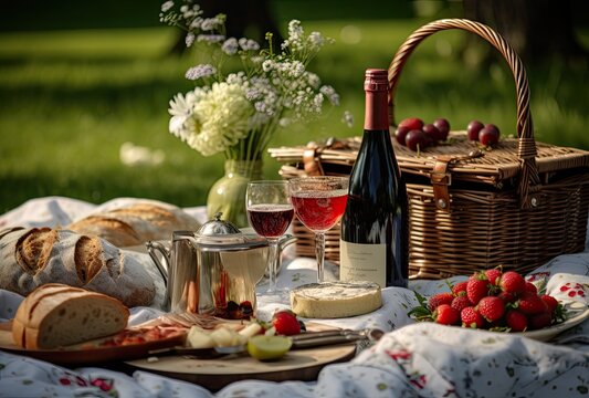 Gourmet picnic served with fresh fruit, cheese, wraps, crusty bread, wine and desserts surrounding a wicker basket on the green grass in the garden