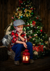 A boy under a Christmas tree with a lantern. New Year