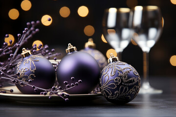 Happy New Year and Christmas holiday concept. beautiful  balls decorations with glasses on  blurred...