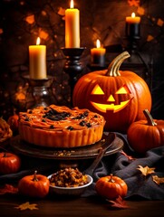 AI generated illustration of freshly baked Halloween pumpkin pie with a blurry background