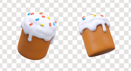 Sweet Easter cake in different positions. Tasty round bread with white cream for holiday. Bakery or homemade bakery concept. Vector illustration in 3d style