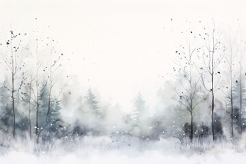 A Watercolor Winter Forest Painting, Capturing the Serene Beauty and Mystique of a Snow-Laden Woodland in the Heart of Winter