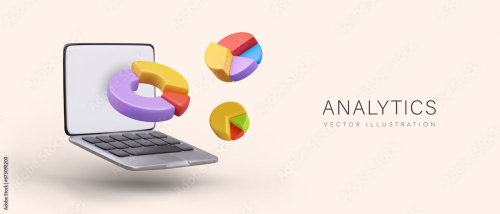 Fototapete analytics concept. collection of statistical data, analysis, visualization. open notebook, pie chart