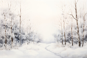 Fototapeta na wymiar A Watercolor Winter Forest Painting, Capturing the Serene Beauty and Mystique of a Snow-Laden Woodland in the Heart of Winter