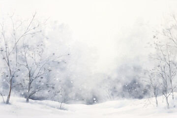 A Watercolor Winter Forest Painting, Capturing the Serene Beauty and Mystique of a Snow-Laden Woodland in the Heart of Winter