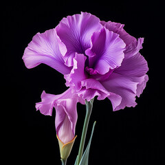 A single purple gladiolus flower with stem on black background created with Generative Ai