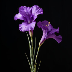 A single purple gladiolus flower with stem on black background created with Generative Ai