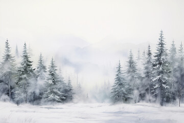 Fototapeta na wymiar A Watercolor Winter Forest Painting, Capturing the Serene Beauty and Mystique of a Snow-Laden Woodland in the Heart of Winter