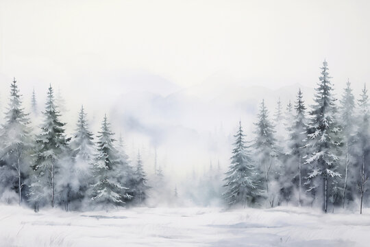 A Watercolor Winter Forest Painting, Capturing the Serene Beauty and Mystique of a Snow-Laden Woodland in the Heart of Winter