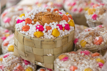 Image of offerings such as white refined sugar makhana and many other things called prashad the...