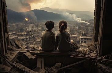 Refugee crisis, Children sitting in the rubble of destroyed houses in a war zone