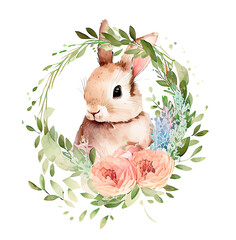 Happy easter! Cute classic illustrations, bunnies and a festive frame with greeting text for a greeting card, poster or background