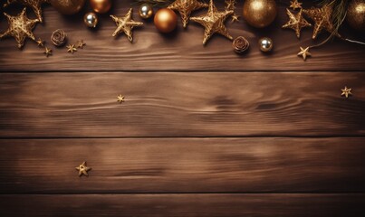 christmas decoration with baubles and golden stars on wooden background