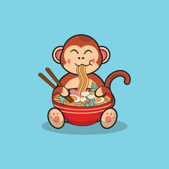 Cute monkey eating ramen noodle vector cartoon flat illustration