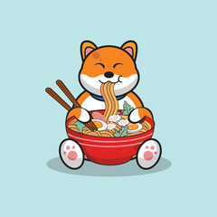 Cute Shiba inu dog eating ramen cartoon vector flat illustration