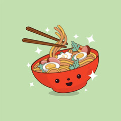 Kawaii ramen bowl Japanese food noodles cartoon vector flat illustration
