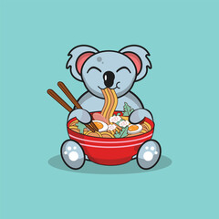 Cute koala eating ramen noodle cartoon vector flat illustration
