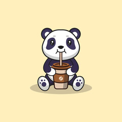 Cute Panda drinking coffee cartoon vector flat illustration concept isolated