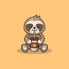 Cute sloth drinking coffee cartoon vector flat illustration concept isolated