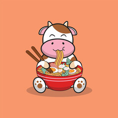 Cute cow eating ramen noodle cartoon vector flat illustration