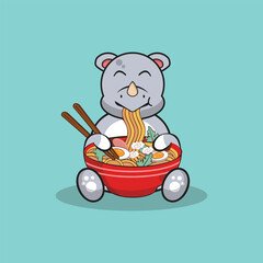 Cute rhino eating ramen noodle vector cartoon flat illustration
