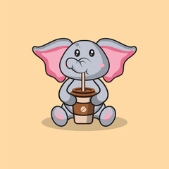 Cute elephant drinking coffee cartoon vector flat illustration concept isolated
