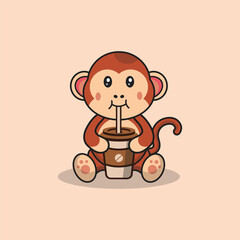 Cute monkey drinking coffee cartoon vector flat illustration concept isolated