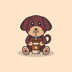 Cute dog drinking coffee cartoon vector flat illustration concept isolated
