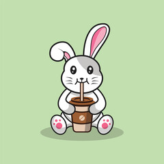 Cute rabbit drinking coffee cartoon vector flat illustration concept isolated