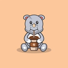 Cute rhino drinking coffee cartoon vector flat illustration concept isolated