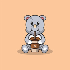 Cute rhino drinking coffee cartoon vector flat illustration concept isolated