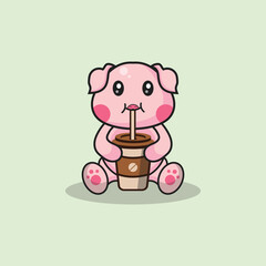 Cute pig drinking coffee cartoon vector flat illustration concept isolated