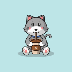 Cute Grey cat drinking coffee cartoon vector flat illustration concept isolated
