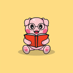 Cute Pig wear glasses with book Cartoon Vector Flat Illustration Studying Animal Icon