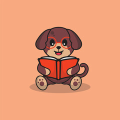 Cute Dog wear glasses with book Cartoon Vector Flat Illustration Studying Animal icon