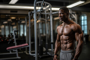 Fototapeta na wymiar African-American Male Athlete Exhibiting Sculpted Physique During Gym Workout, Symbolizing Strength, Endurance, and Fitness Dedication