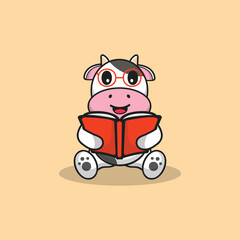 Cute Cow wear glasses with book Cartoon Vector Flat Illustration Studying Animal Icon