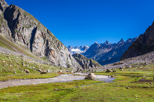 View enroute to Hampta pass hiking trail near 'shea goru' camp site in lahaul spiti near Manali, Himachal Pradesh, India.