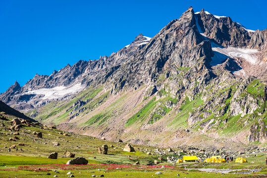 View enroute to Hampta pass hiking trail near 'shea goru' camp site in lahaul spiti near Manali, Himachal Pradesh, India.