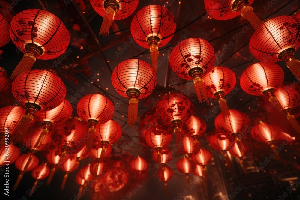 Aufkleber A picture of a bunch of red lanterns hanging from the ceiling. This image can be used to add a festive and vibrant atmosphere to various events and decorations.