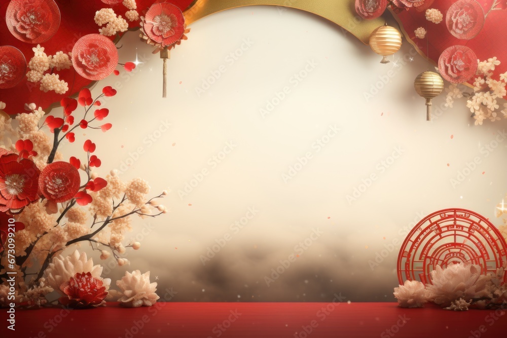 Poster a vibrant red and white background featuring beautifully crafted paper flowers. perfect for adding a