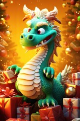 A green dragon sitting on top of a pile of presents. Perfect for fantasy-themed designs or children's illustrations.