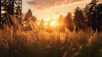 Wild grass in the forest at sunset, copy space, 16:9