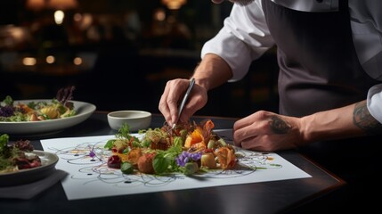 Obraz na płótnie Canvas Modern food stylist decorating meal for presentation in restaurant, 16:9