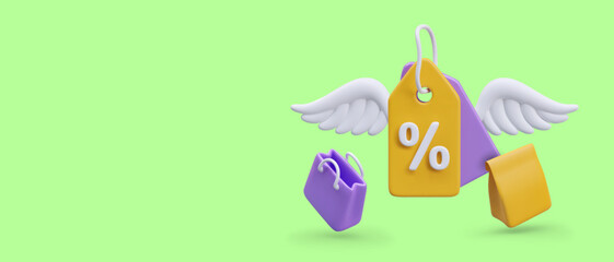 Tag with wings and percent sign. Bag with handles, paper package. Discount concept, surprise bonus. Horizontal color banner for store, service. Web design in cartoon style