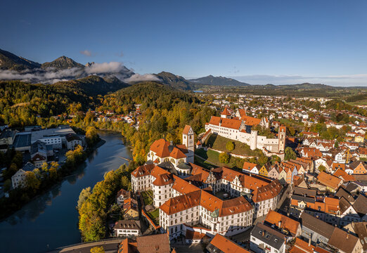 Aerial view of the High Castle in Fussen, Germany.  Hohes Schloss, The Gothic High Castle of the Bishops of Augsburg is located on a hill above the old town of F&uuml;ssen in Swabia.