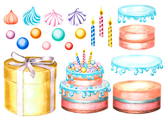Cake with colorful meringues, sugar balls, marmalades and candles. A set of boxes and elements for decorating cake Watercolor illustration for menu design, textiles and packaging, printing on dishes.