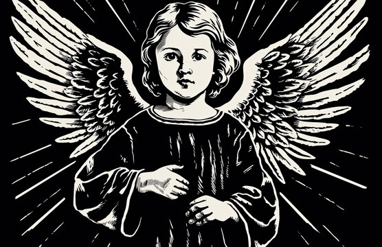 A black and white image of a child angel, looking upfront.