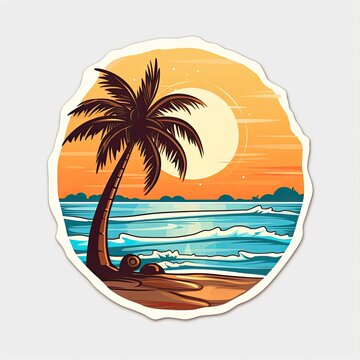 Tropical island with palm trees, sunset, illustration sticker, generated with AI