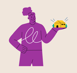 Woman holding tiny houses. Real estate, property, housing, home concept. Colorful vector illustration